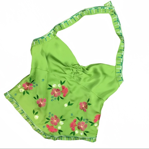 Bandolino Tops - BANDOLINO Green Embroidered Floral Halter Top